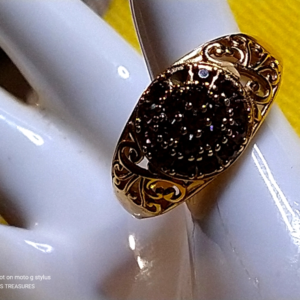 NWT-AMETHYST CLUSTER RING  SCROLL MOTIF/10K GOLD/ OV'R BRASS & PLATINUM SEALED.